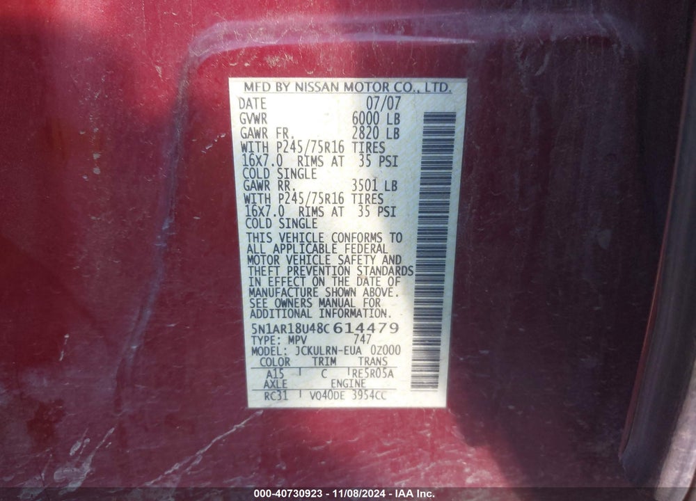 2008 NISSAN PATHFINDER S VIN: 5N1AR18U48C614479