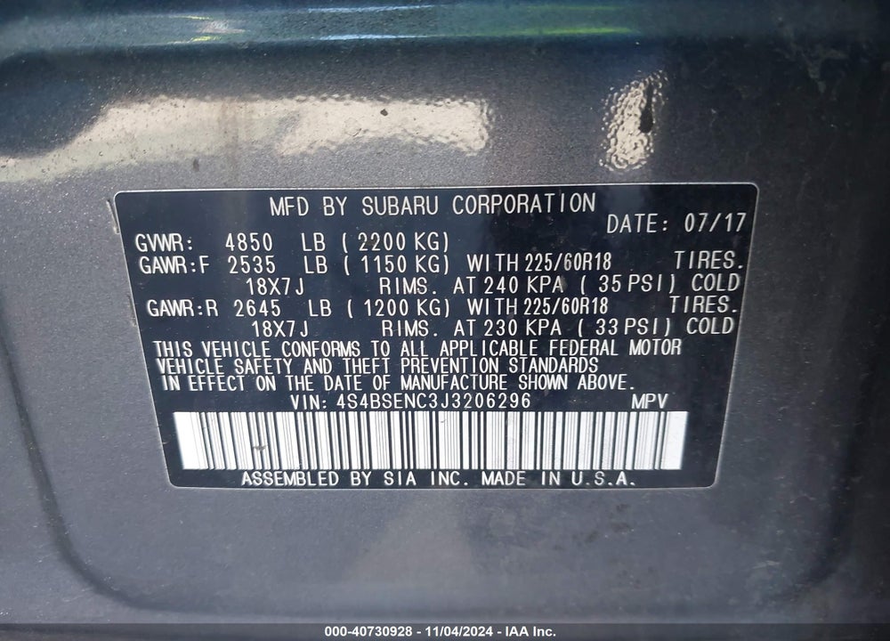 2018 SUBARU OUTBACK LIMITED VIN: 4S4BSENC3J3206296