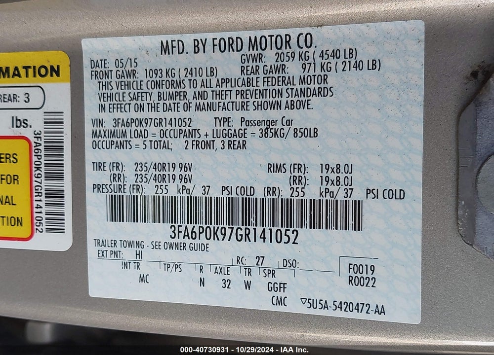 2016 FORD FUSION TITANIUM VIN: 3FA6P0K97GR141052