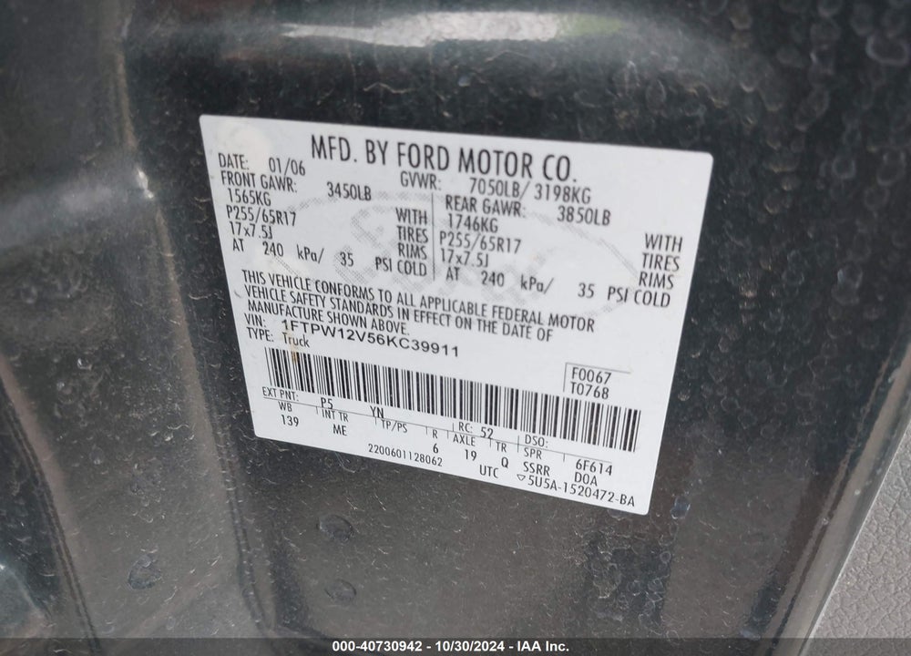 2006 FORD F-150 LARIAT/XLT VIN: 1FTPW12V56KC39911