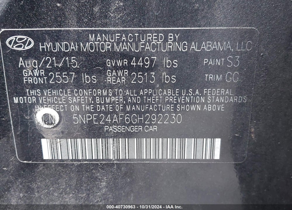 2016 HYUNDAI SONATA SE VIN: 5NPE24AF6GH292230