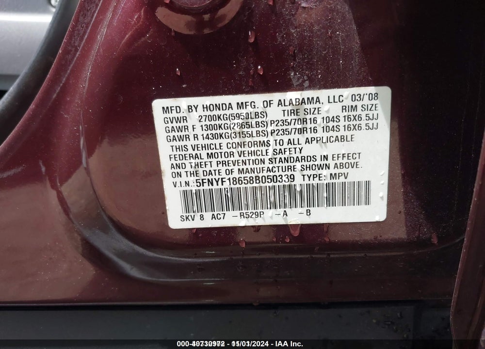 2008 HONDA PILOT EX-L VIN: 5FNYF18658B050339