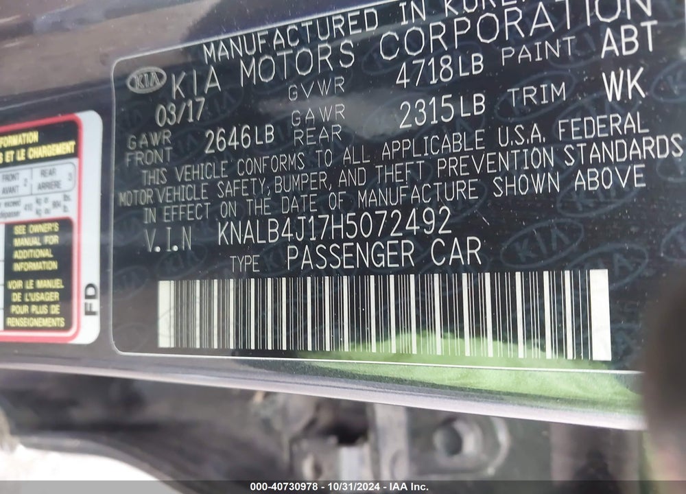 2017 KIA CADENZA VIN: KNALB4J17H5072492