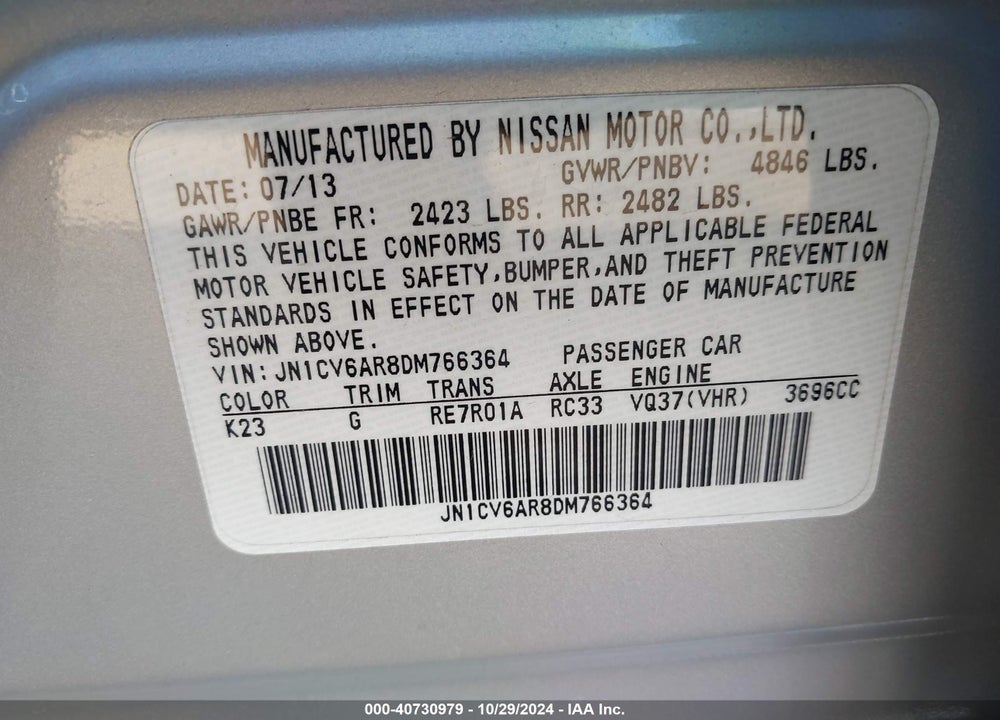 2013 INFINITI G37X VIN: JN1CV6AR8DM766364