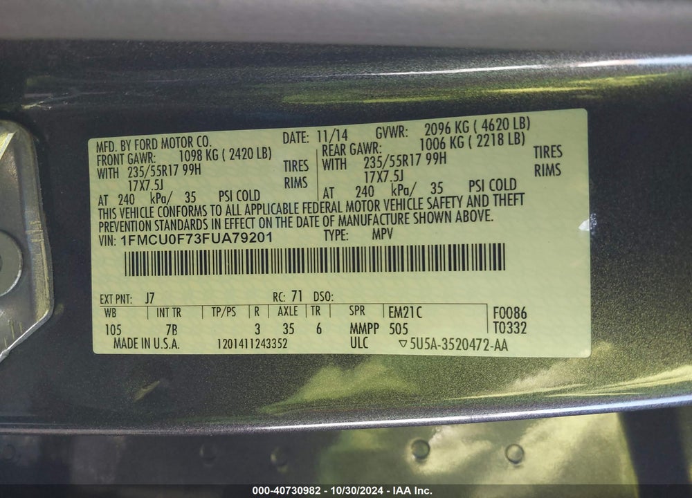 2015 FORD ESCAPE S VIN: 1FMCU0F73FUA79201
