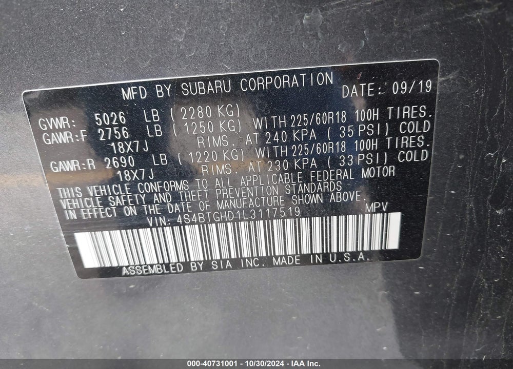 2020 SUBARU OUTBACK VIN: 4S4BTGHD1L3117519