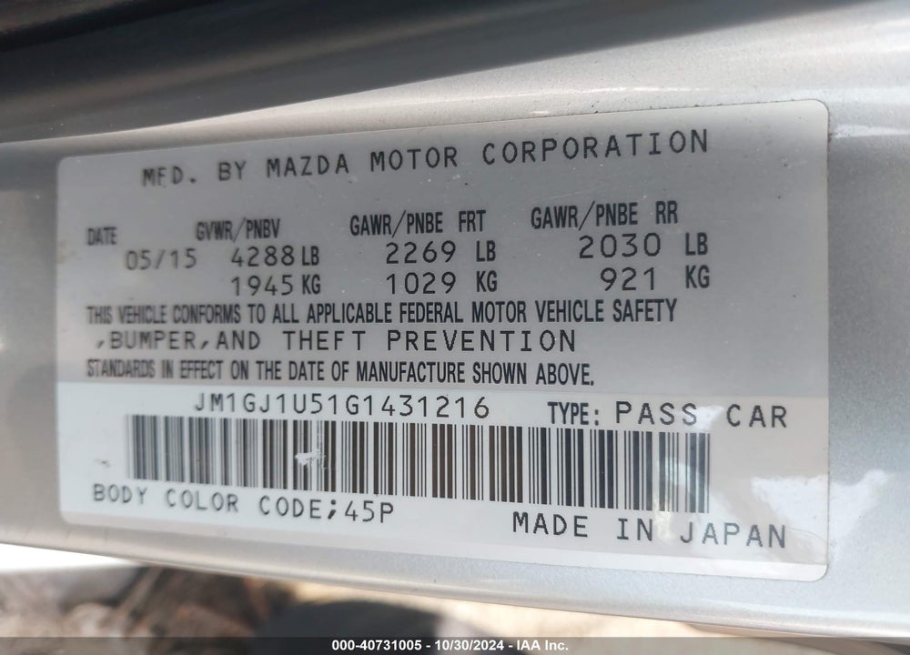 2016 MAZDA 6 I SPORT VIN: JM1GJ1U51G1431216