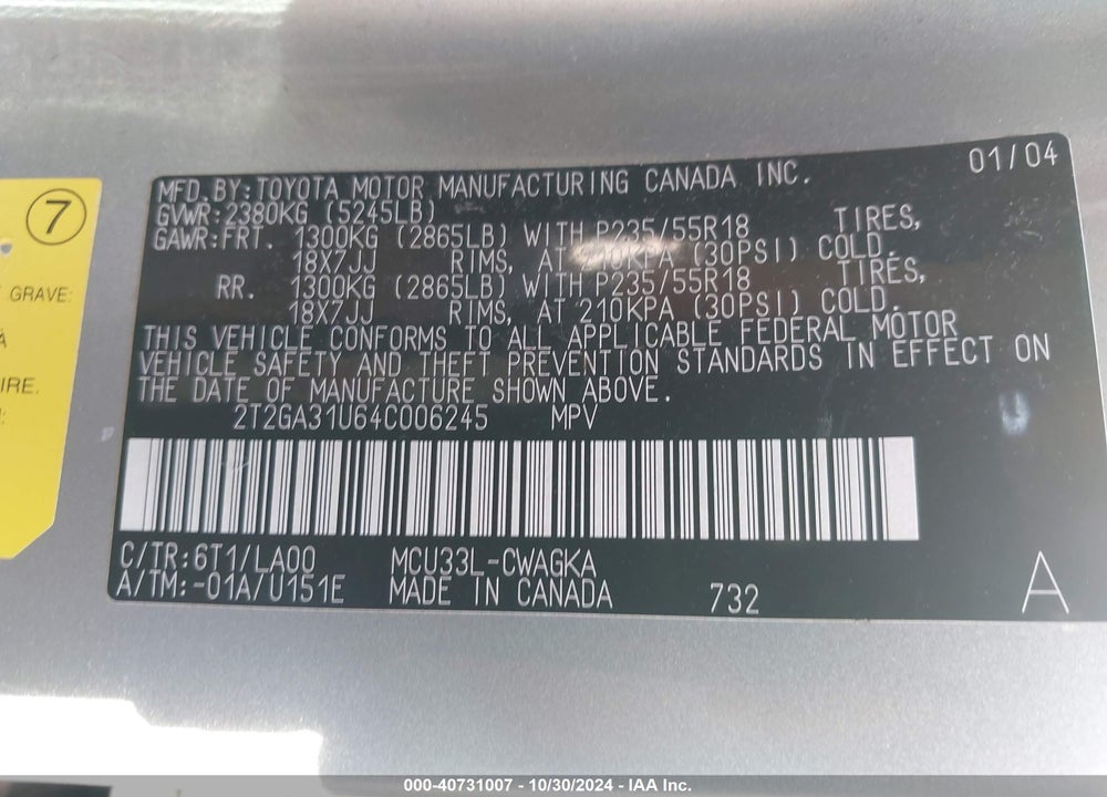 2004 LEXUS RX 330 BASE (A5) VIN: 2T2GA31U64C006245