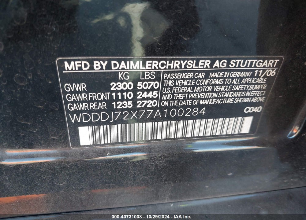 2007 MERCEDES-BENZ CLS 550 VIN: WDDDJ72X77A100284