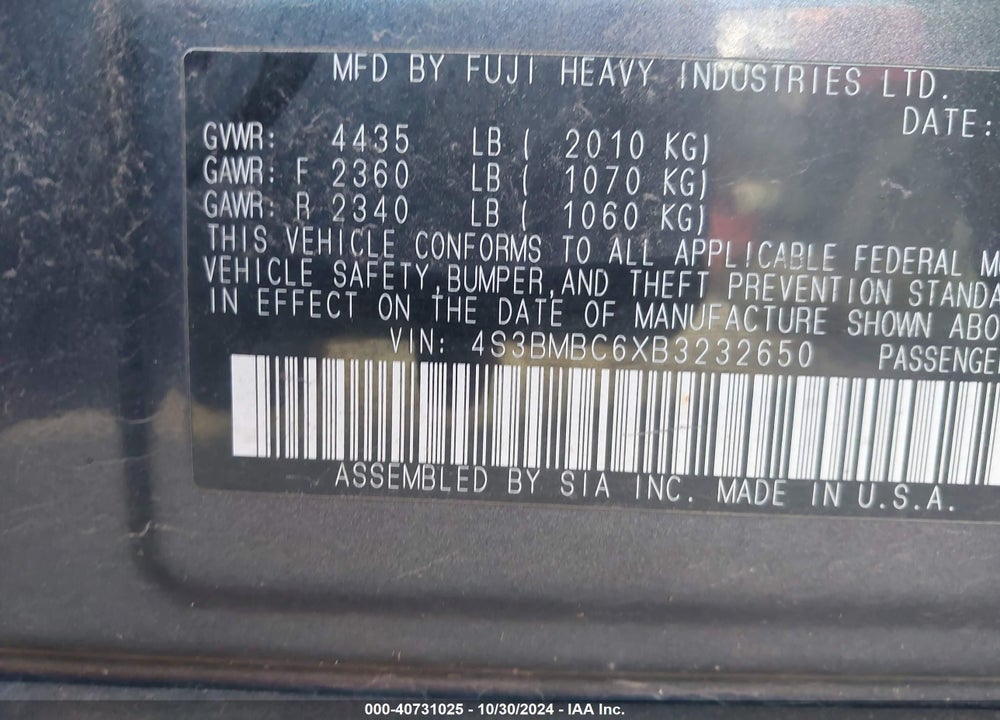 2011 SUBARU LEGACY 2.5I PREMIUM VIN: 4S3BMBC6XB3232650