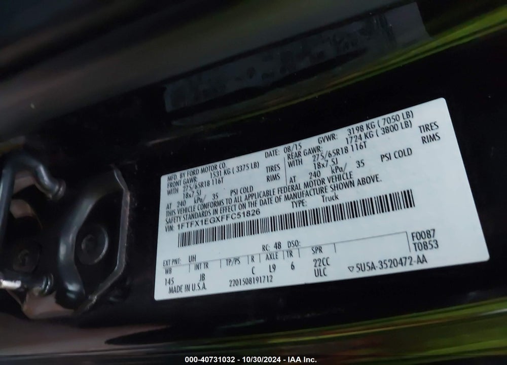 2015 FORD F-150 XLT VIN: 1FTFX1EGXFFC51826