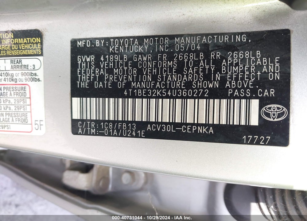 2004 TOYOTA CAMRY LE VIN: 4T1BE32K54U360272