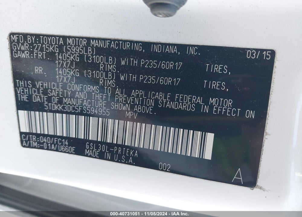 2015 TOYOTA SIENNA LE 8 PASSENGER VIN: 5TDKK3DC5FS594955