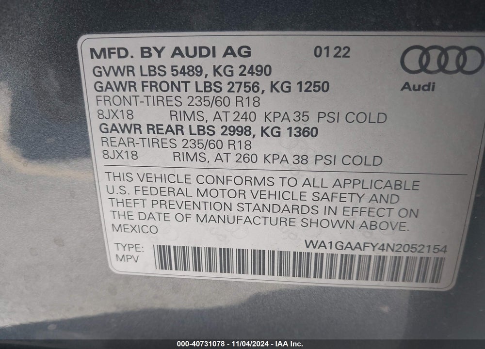 2022 AUDI Q5 S LINE PREMIUM VIN: WA1GAAFY4N2052154