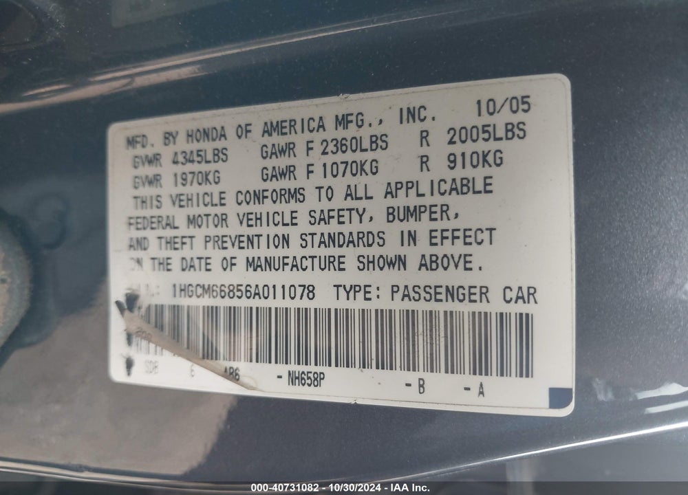 2006 HONDA ACCORD 3.0 EX VIN: 1HGCM66856A011078