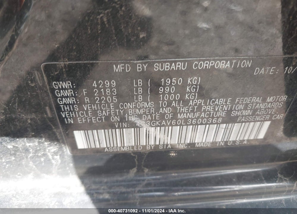 2020 SUBARU IMPREZA PREMIUM VIN: 4S3GKAV60L3600368
