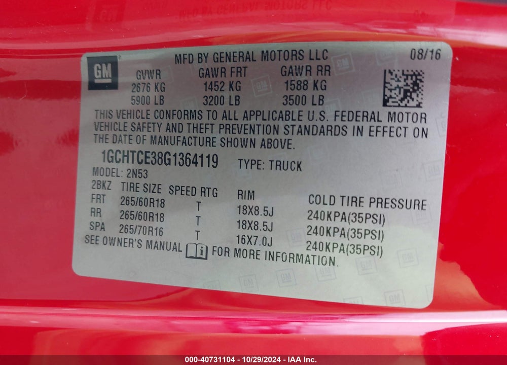 2016 CHEVROLET COLORADO LT VIN: 1GCHTCE38G1364119