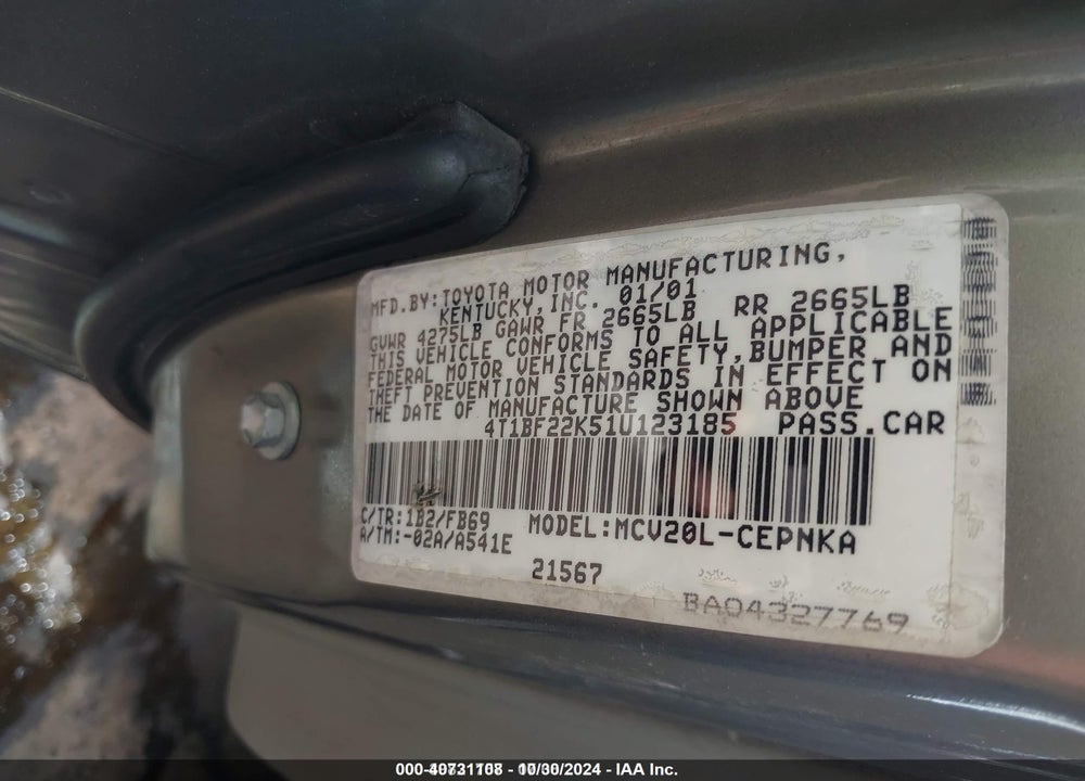 2001 TOYOTA CAMRY LE V6 VIN: 4T1BF22K51U123185