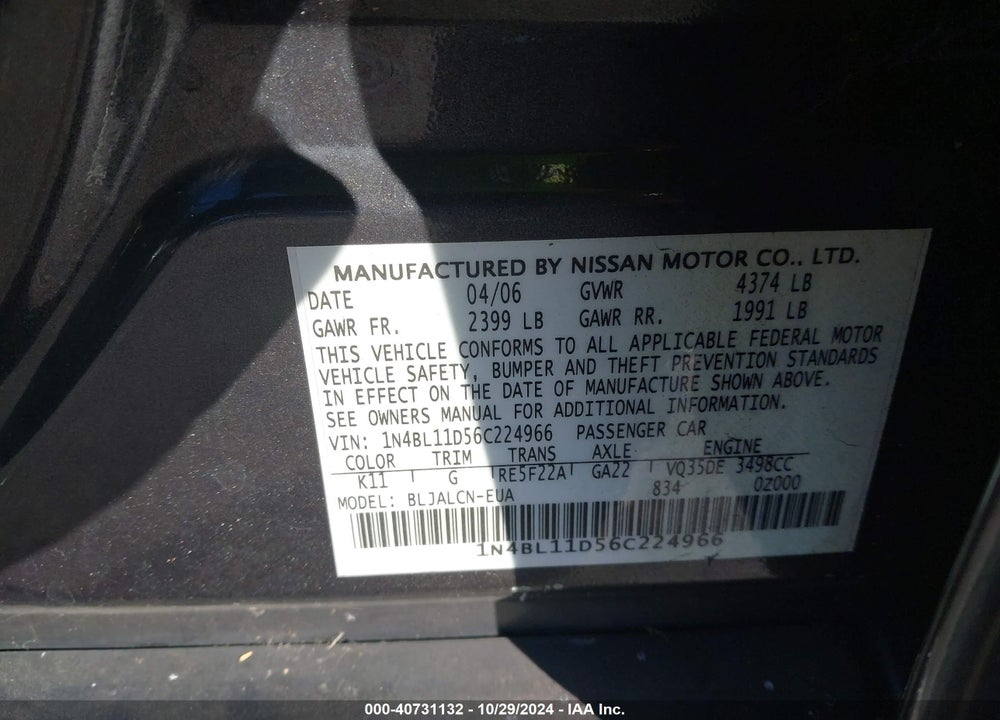 2006 NISSAN ALTIMA 3.5 SE VIN: 1N4BL11D56C224966