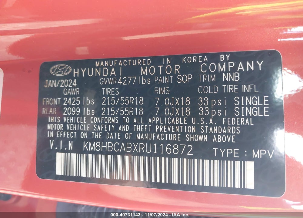2024 HYUNDAI KONA SEL VIN: KM8HBCABXRU116872