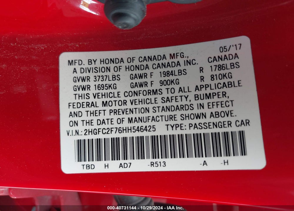 2017 HONDA CIVIC EX VIN: 2HGFC2F76HH546425