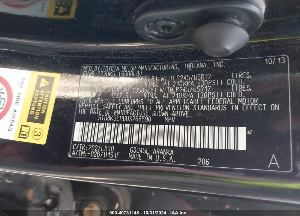 2013 TOYOTA HIGHLANDER SE V6 VIN: 5TDBK3EH6DS268590