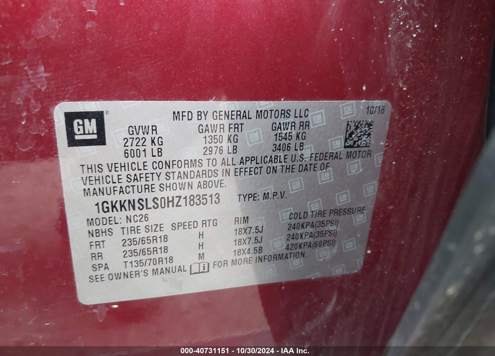 2017 GMC ACADIA SLE-2 VIN: 1GKKNSLS0HZ183513