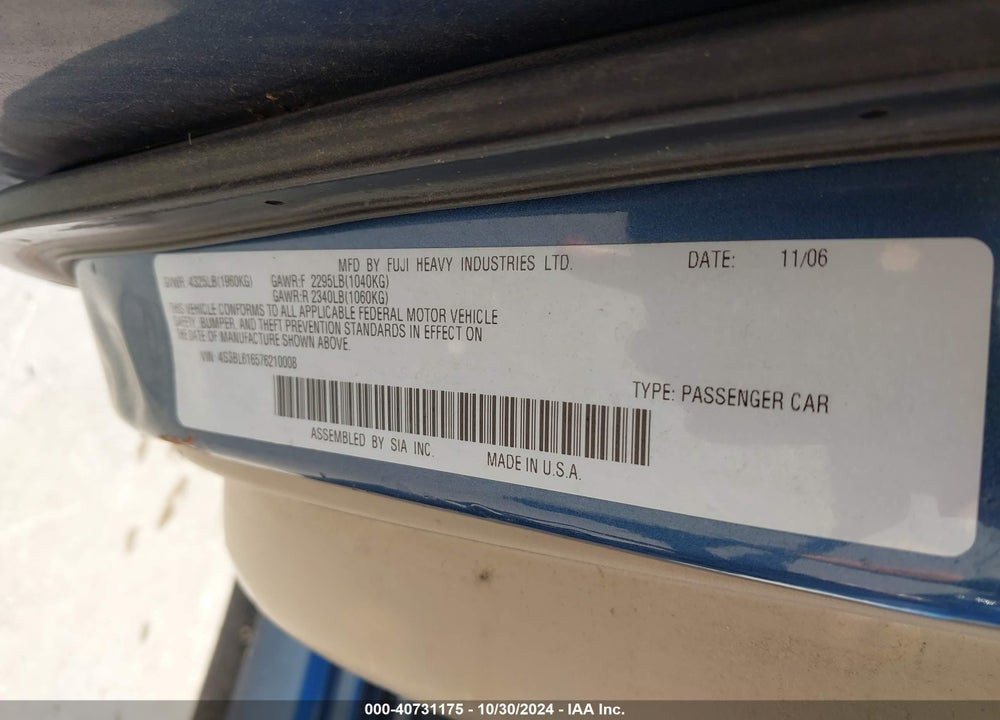 2007 SUBARU LEGACY 2.5I VIN: 4S3BL616576210008