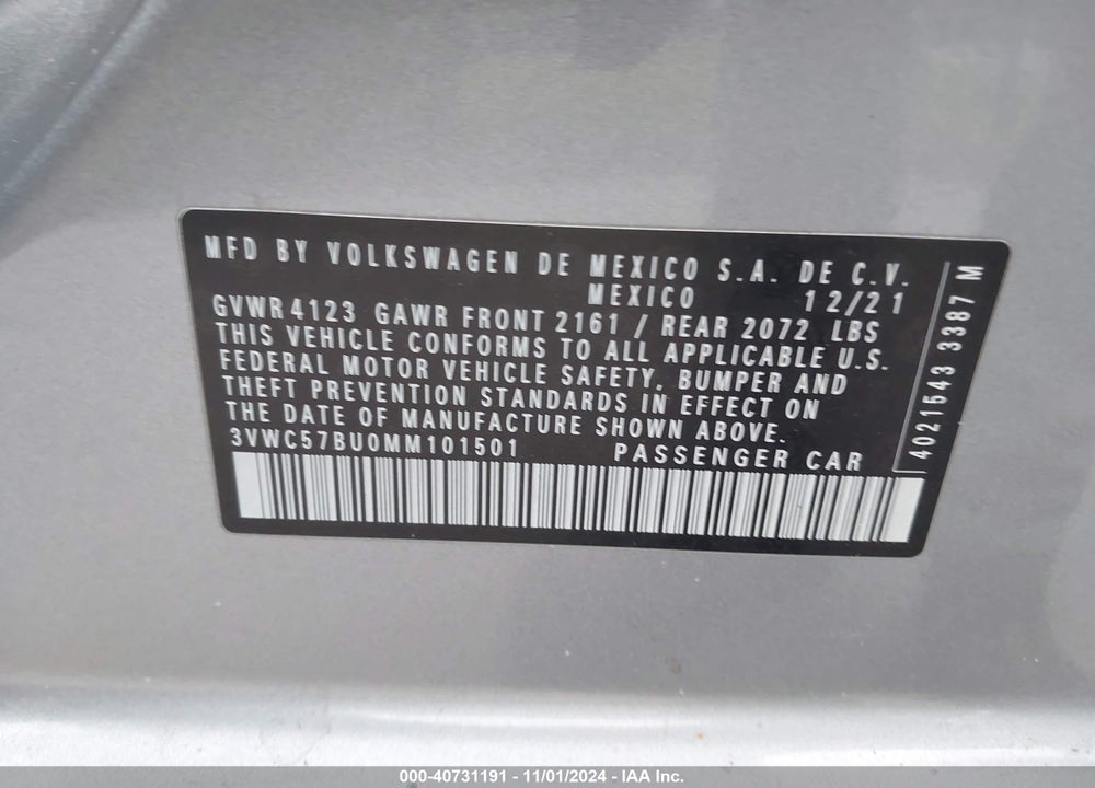 2021 VOLKSWAGEN JETTA 1.4T R-LINE/1.4T S/1.4T SE VIN: 3VWC57BU0MM101501