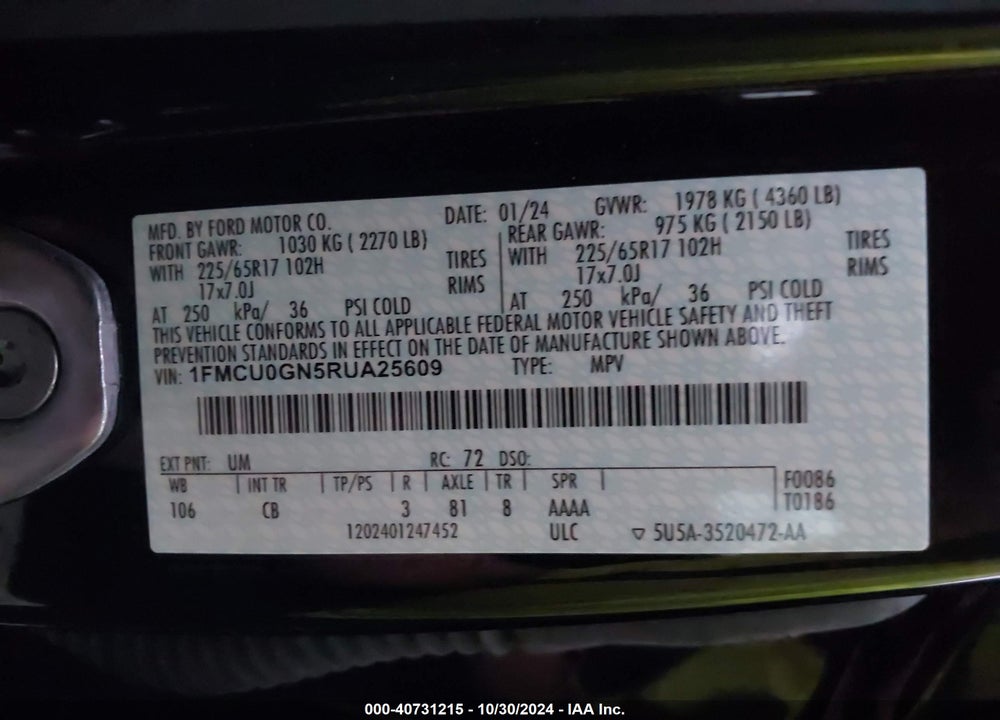 2024 FORD ESCAPE ACTIVE VIN: 1FMCU0GN5RUA25609