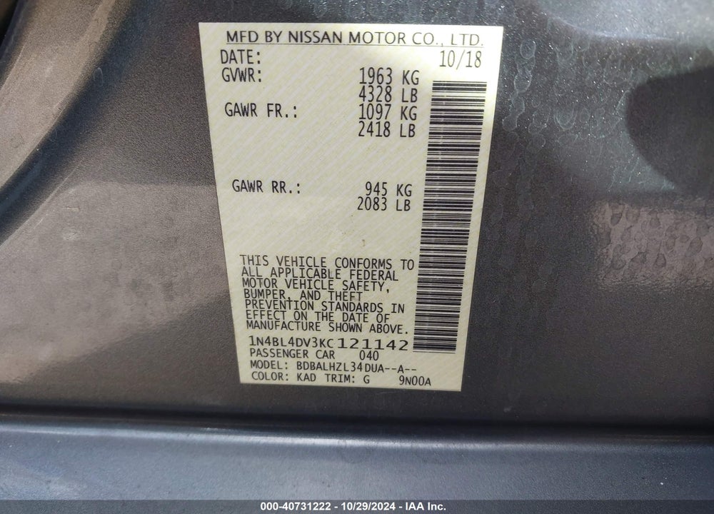 2019 NISSAN ALTIMA 2.5 SV VIN: 1N4BL4DV3KC121142