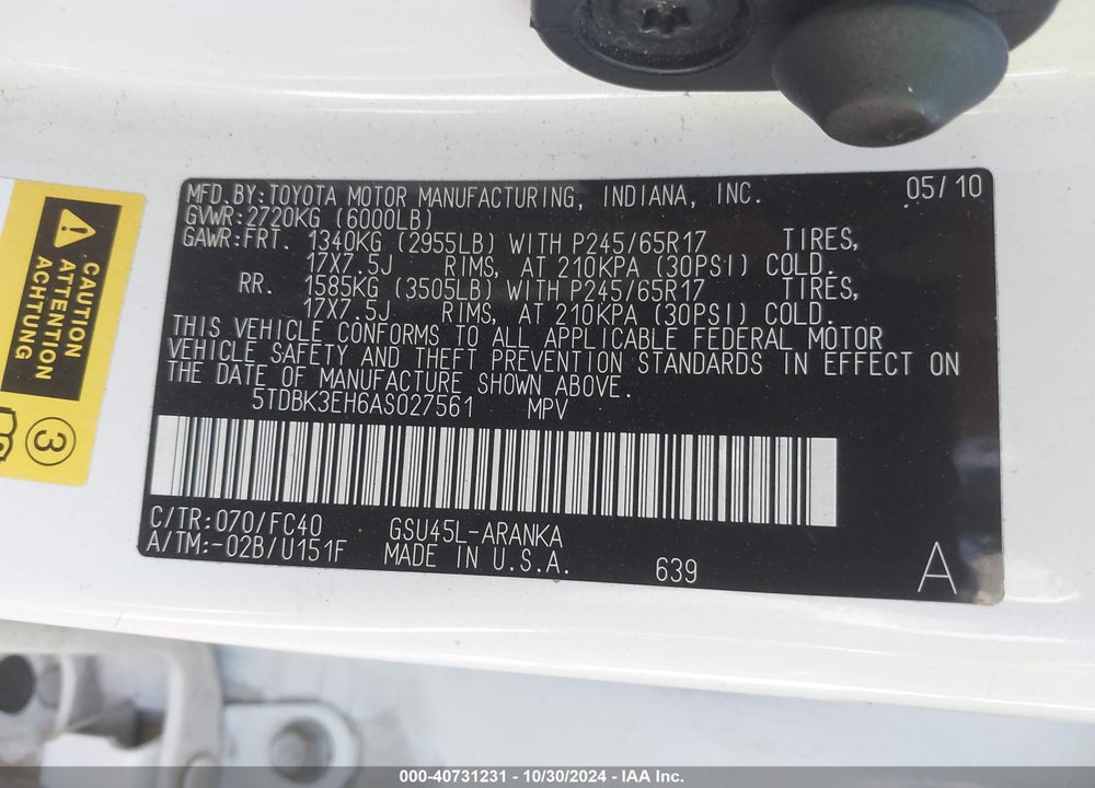 2010 TOYOTA HIGHLANDER BASE V6 VIN: 5TDBK3EH6AS027561