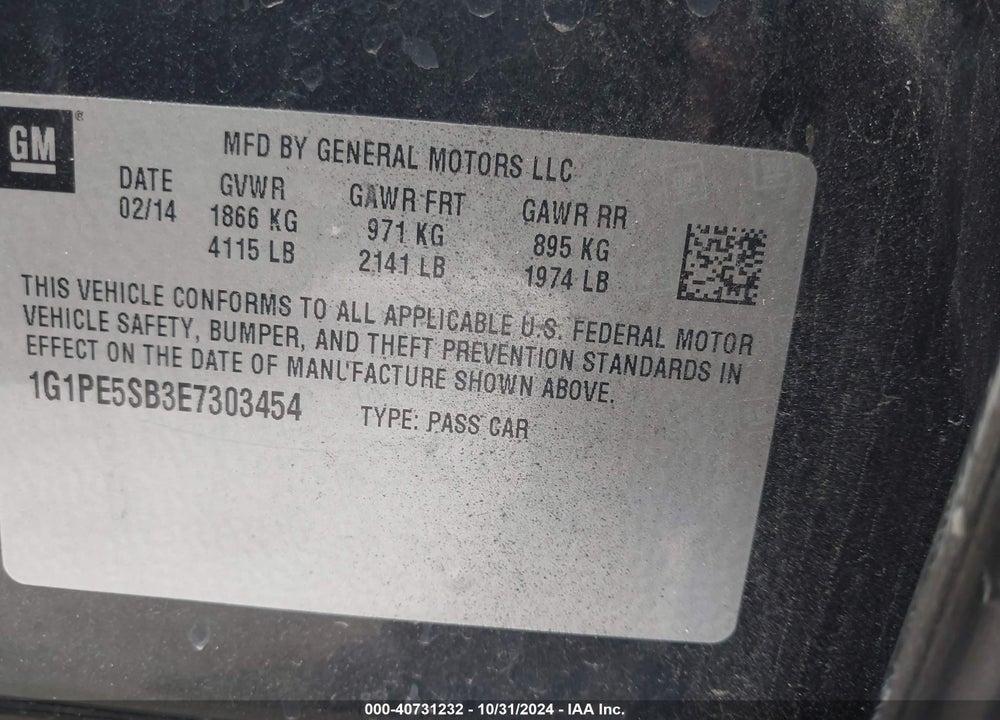 2014 CHEVROLET CRUZE 2LT AUTO VIN: 1G1PE5SB3E7303454