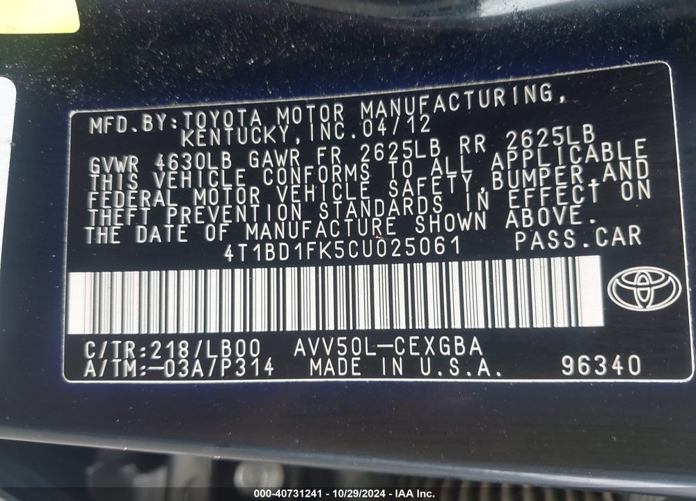 2012 TOYOTA CAMRY HYBRID XLE VIN: 4T1BD1FK5CU025061