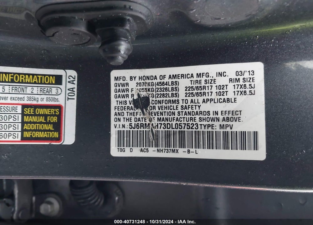 2013 HONDA CR-V EX-L VIN: 5J6RM4H73DL057523