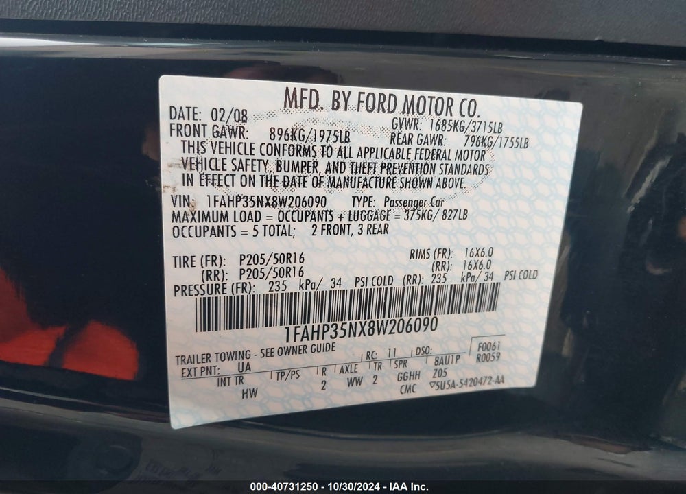 2008 FORD FOCUS SE/SES VIN: 1FAHP35NX8W206090