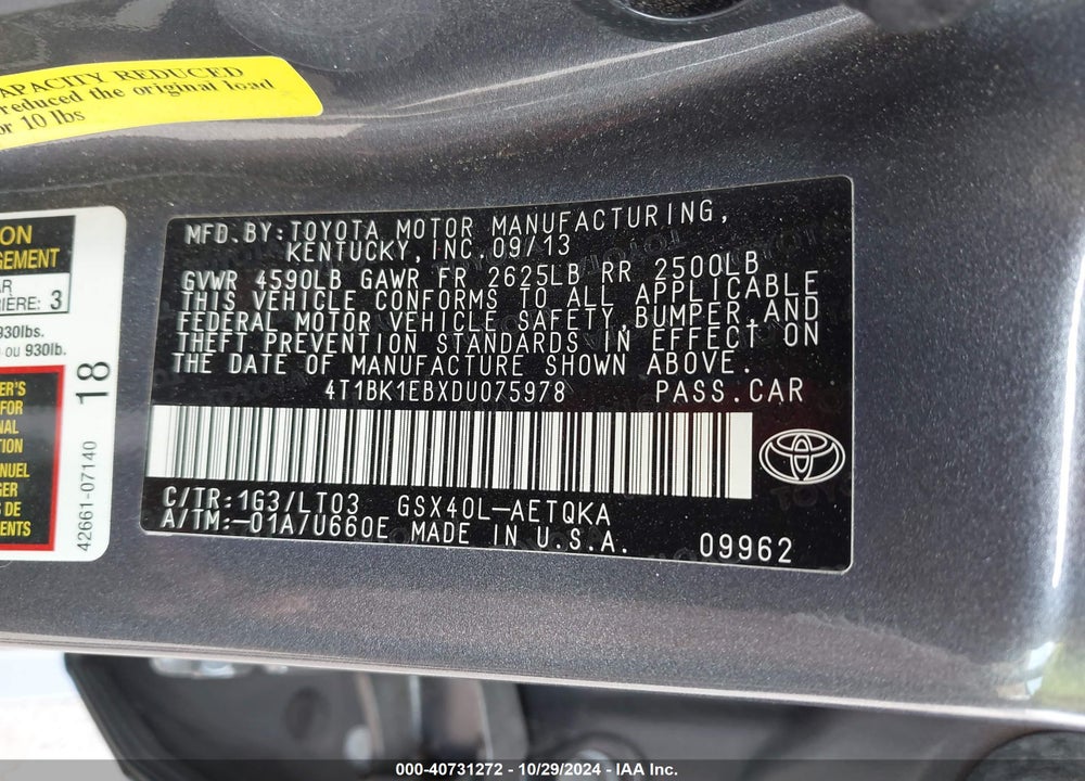 2013 TOYOTA AVALON XLE TOURING VIN: 4T1BK1EBXDU075978