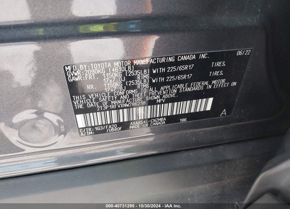 2022 TOYOTA RAV4 XLE VIN: 2T3P1RFVXNW286218