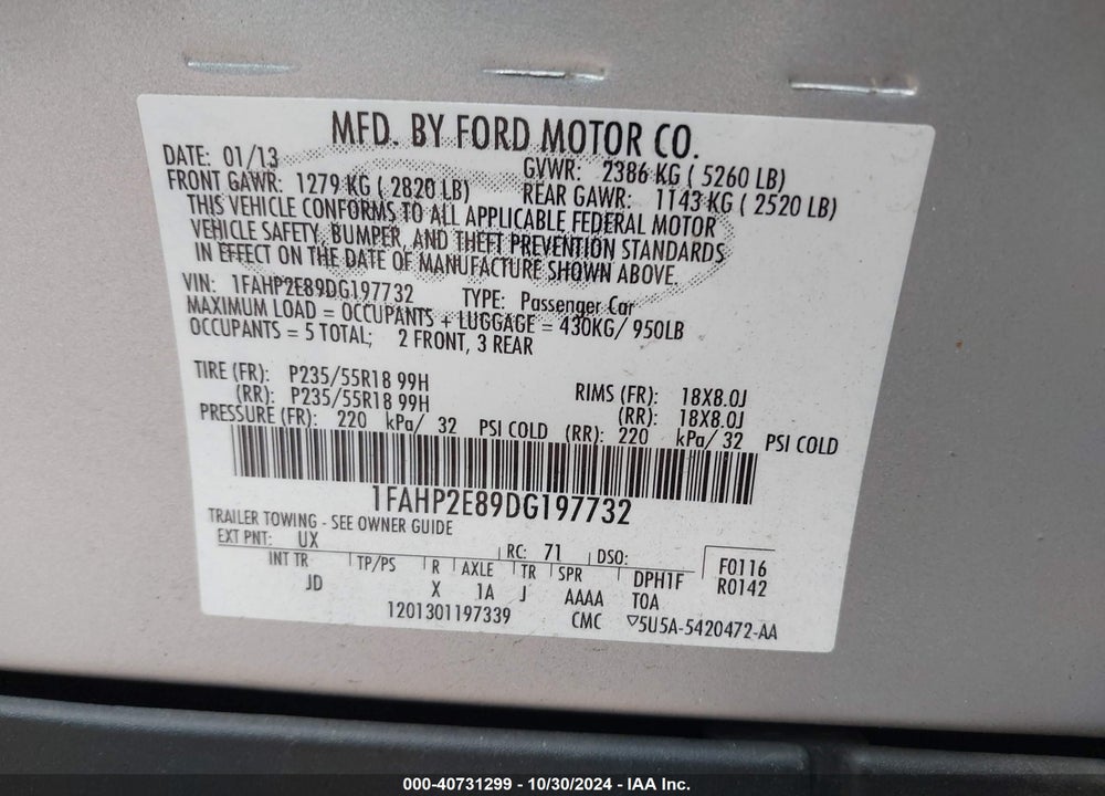 2013 FORD TAURUS SEL VIN: 1FAHP2E89DG197732