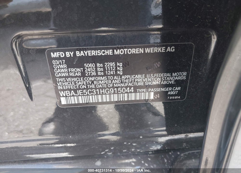 2017 BMW 540I VIN: WBAJE5C31HG915044