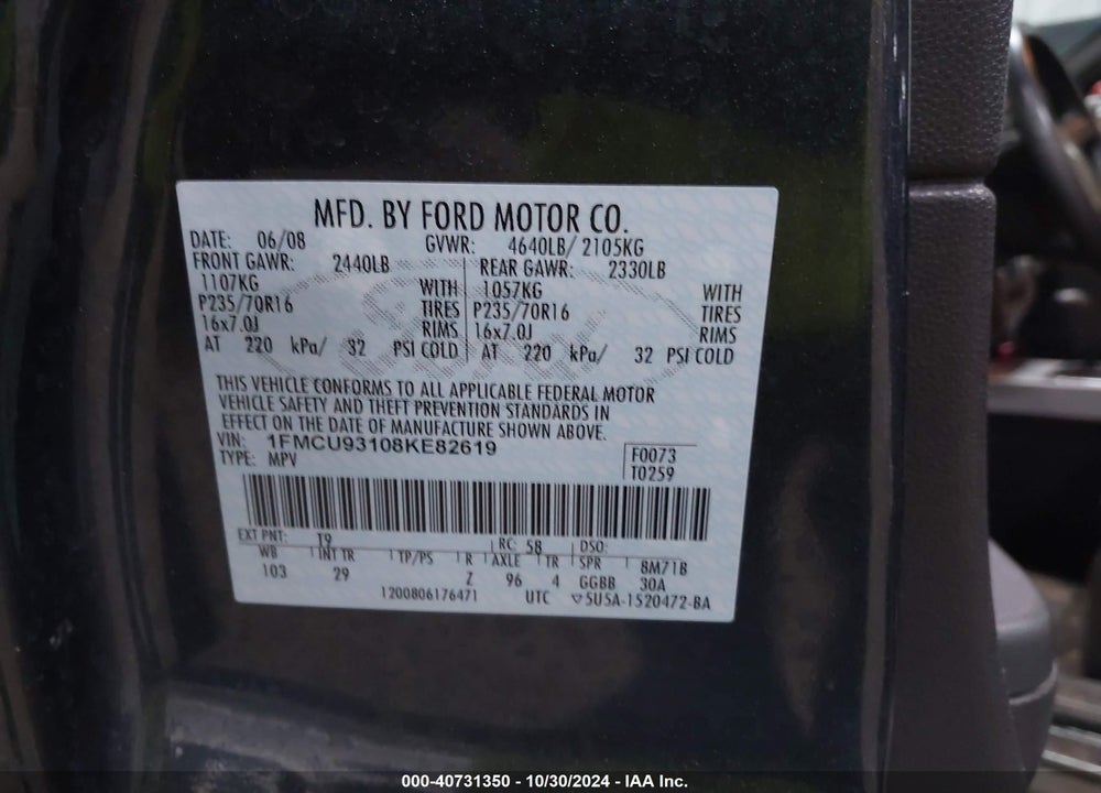 2008 FORD ESCAPE XLT VIN: 1FMCU93108KE82619