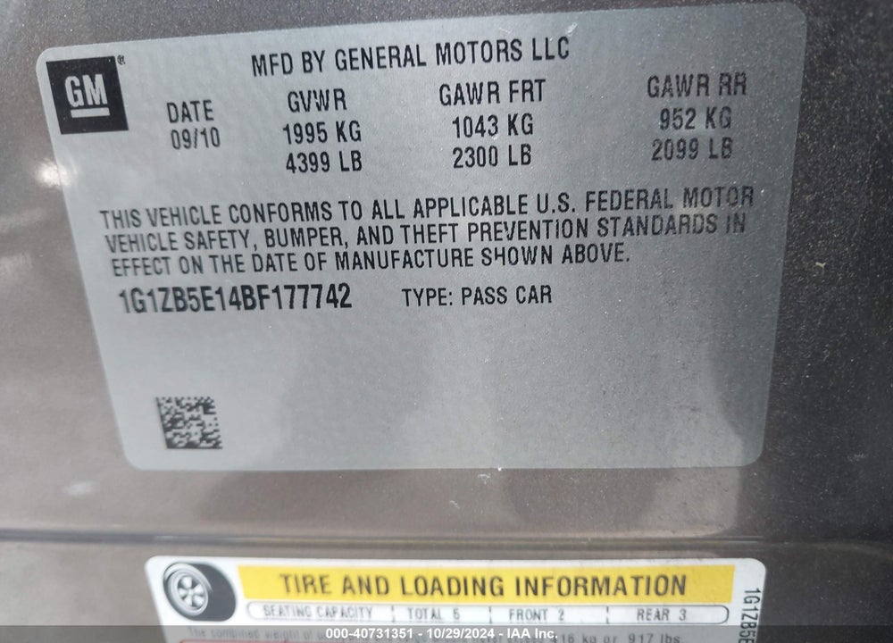 2011 CHEVROLET MALIBU LS VIN: 1G1ZB5E14BF177742