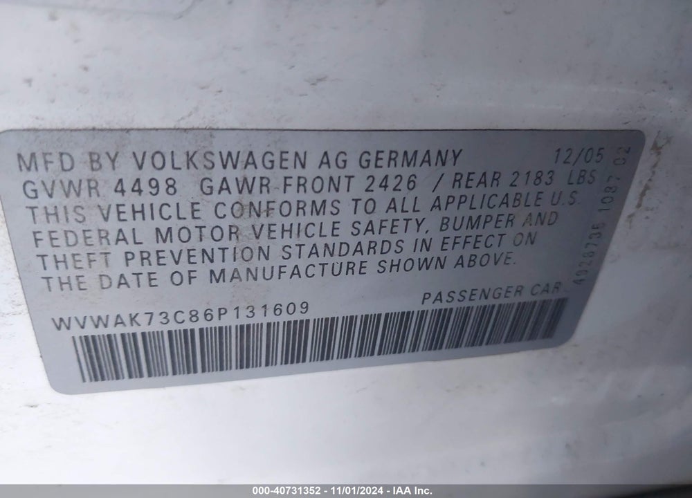 2006 VOLKSWAGEN PASSAT VALUE EDITION VIN: WVWAK73C86P131609