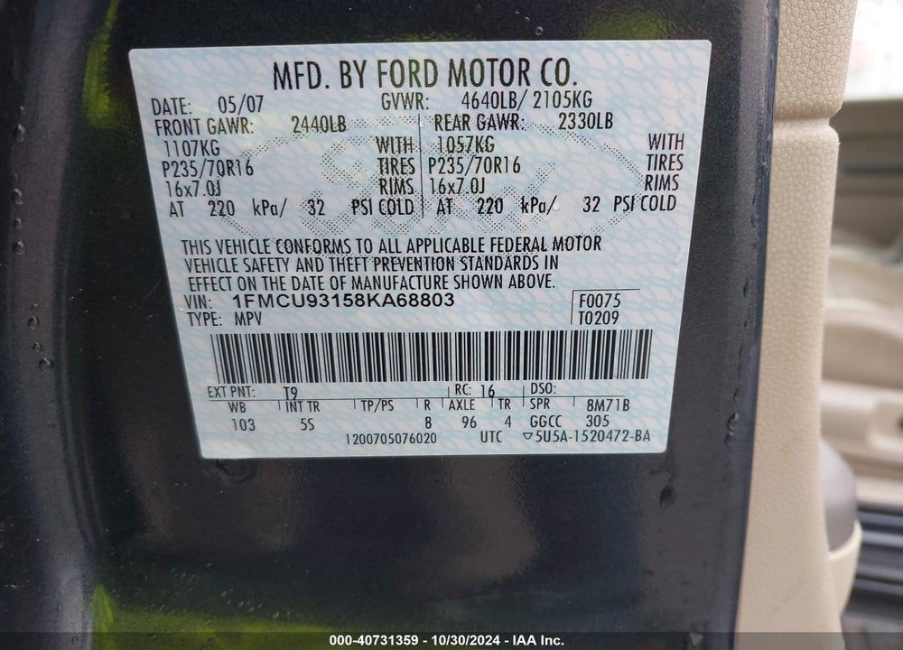 2008 FORD ESCAPE XLT VIN: 1FMCU93158KA68803