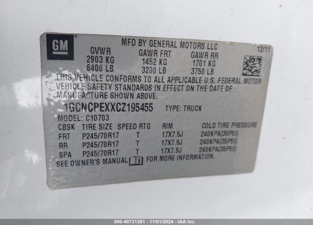 2012 CHEVROLET SILVERADO C1500 VIN: 1GCNCPEXXCZ195455
