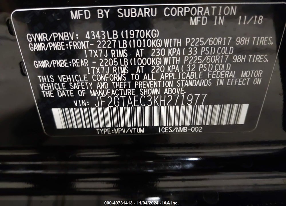2019 SUBARU CROSSTREK 2.0I PREMIUM VIN: JF2GTAEC3KH271977