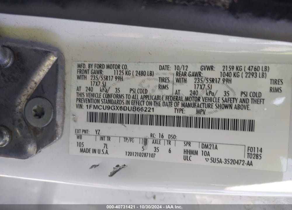 2013 FORD ESCAPE SE VIN: 1FMCU9GX6DUB66221