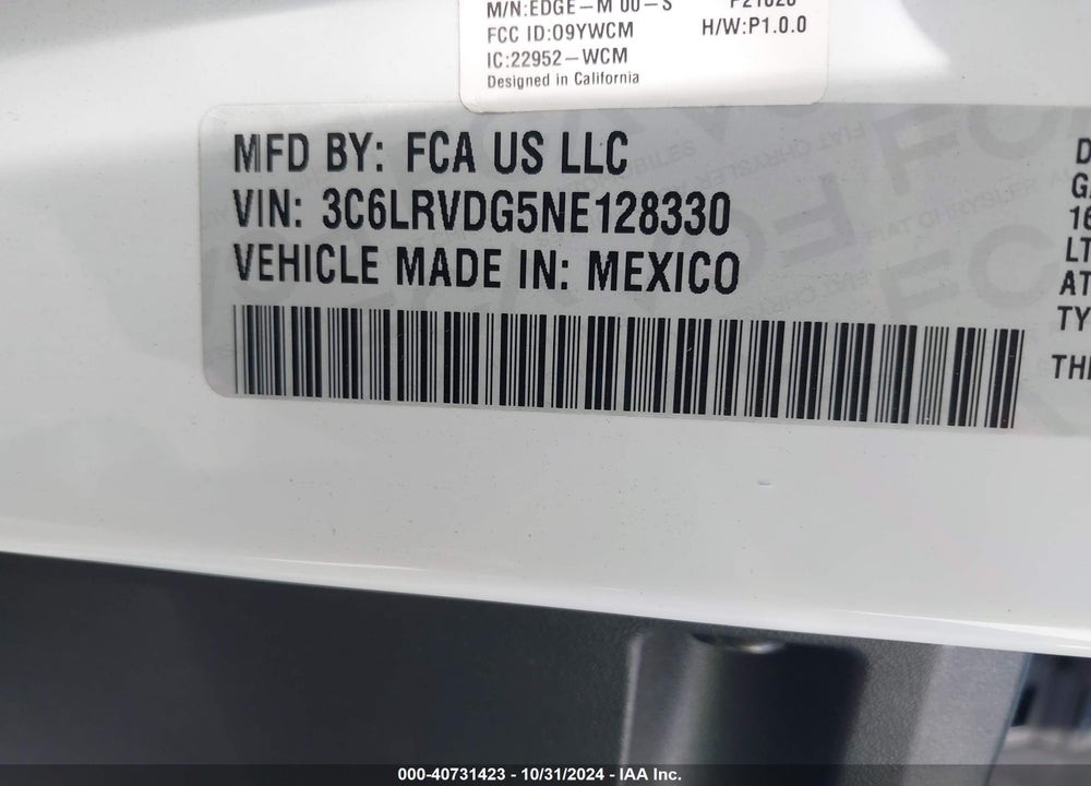 2022 RAM PROMASTER 2500 HIGH ROOF 159 WB VIN: 3C6LRVDG5NE128330