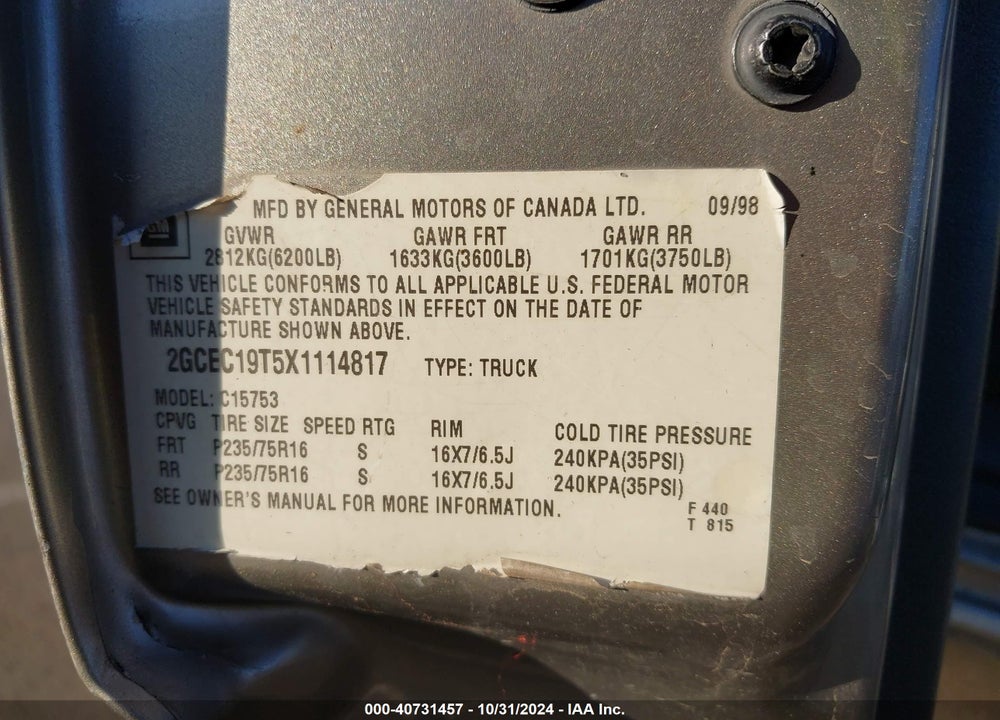 1999 CHEVROLET SILVERADO 1500 LS VIN: 2GCEC19T5X1114817