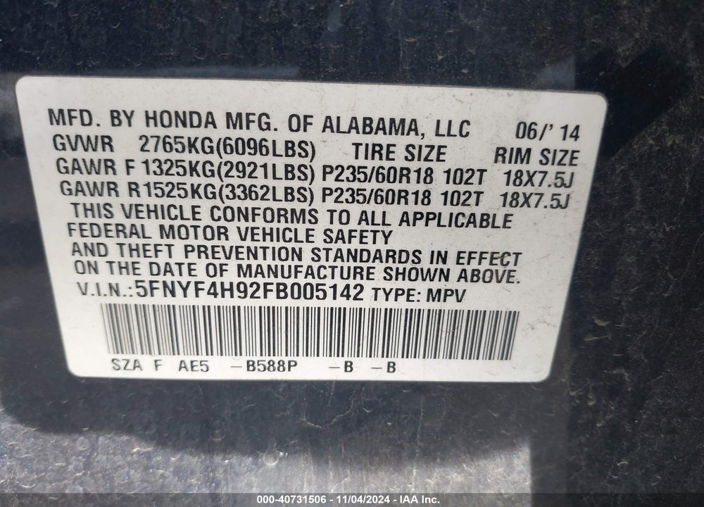 2015 HONDA PILOT TOURING VIN: 5FNYF4H92FB005142